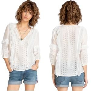 Johnny Was Jade Sarai Ruffle Eyelet Long Sleeve Blouse Top White Gold Medium